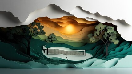 Abstract tennis scene with paper layers and sunset in nature