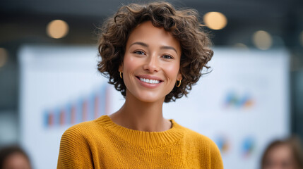 young woman explaining market trends to team using interactive board with multicolored charts, casual businesswear, relaxed and professional environment woman leader, businesswoman