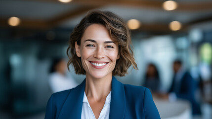 confident smiling businesswoman standing in modern conference room, business team discussing in background, leadership and empowerment in corporate setting female leader, businessw