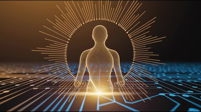 Digital Human Figure Meditates and Stands on Glowing Circuit Board, Symbolizing Fusion of Technology, Spirituality, Humanity, and Innovation