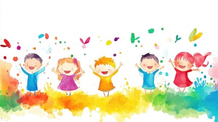 Fototapeta premium Diverse group of happy children playing in colorful watercolor landscape. Universal Children's Day