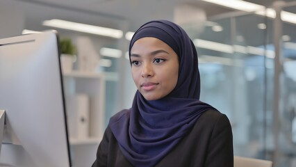 Young Muslim businesswoman wearing navy hijab working at computer in modern office, professional woman focused at desk in corporate workplace setting