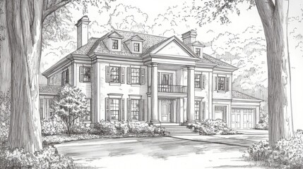 Obraz premium Elegant colonial mansion with classic architecture and front porch