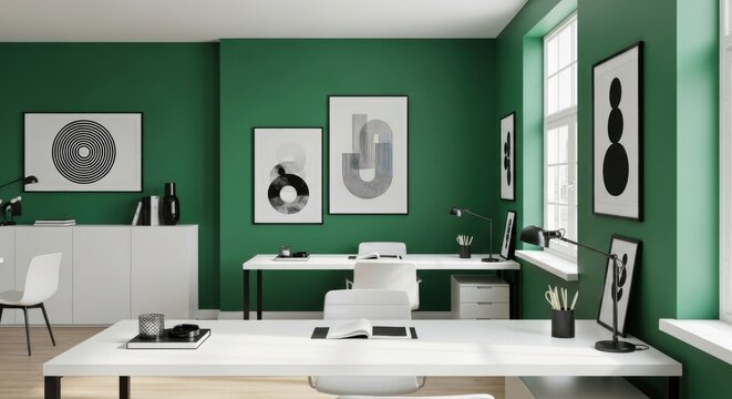 Modern creative workspace with sleek white desks, artistic wall decor, and vibrant green walls offers an inspiring atmosphere for productivity and collaboration, perfect for design firms