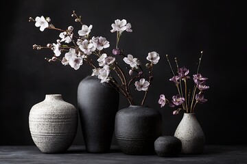 clean elegant vases delicate flowers black backdrop design  
