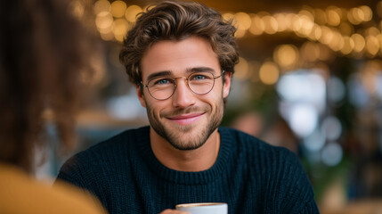 man in glasses smiling and holding coffee cup while looking at his girlfriend in cozy cafÃ©, warm lighting and wooden interior romantic cafe date, cozy atmosphere, modern couple, hi