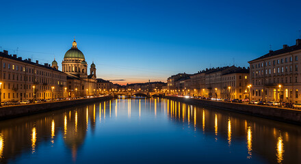 Obraz premium Scenic Cityscape with Illuminated Dome and Reflections on River at Dusk