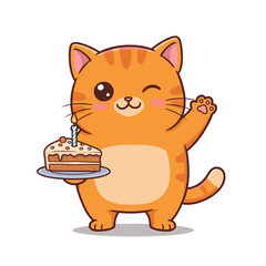 A winking orange cat with stripes holds a cake slice topped with white icing, sprinkles, and a lit candle—radiating charm and birthday delight as it waves with one paw.