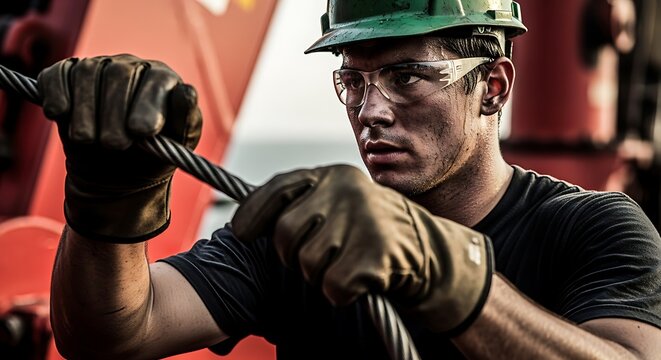 A determined young industrial worker wearing a hard hat and safety glasses grips a thick steel cable.