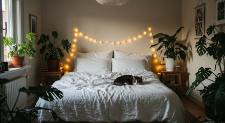 Fototapeta premium Cozy bedroom with cat, plants, and fairy lights
