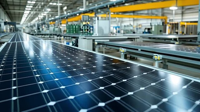 Solar panels moving along the assembly line in a hi-tech factory, representing renewable energy production and sustainable technology