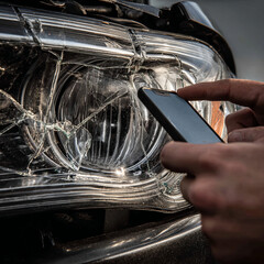 Smartphone-wielding hands documenting damaged vehicle headlight, capturing close-up evidence after automotive collision for potential insurance report