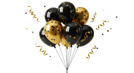 Black and gold balloons with confetti and curly ribbons for festive celebrations and party decorations