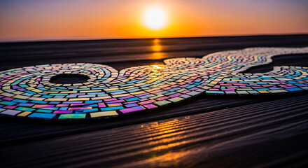 Obraz premium Vibrant mosaic pattern reflecting sunset light on a wooden surface, blending artistic detail with natural beauty in a peaceful and colorful outdoor setting.