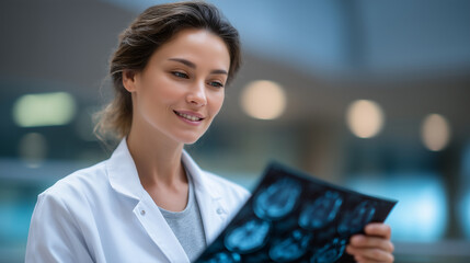 female doctor examining brain MRI scan in hospital, holding medical x-ray image, neurology specialist in white coat, modern clinical diagnosis scene, focus on radiograph doctor wit