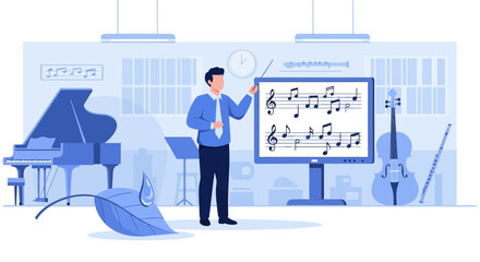 An illustration of a music teacher explaining musical notes using a digital screen in a music room