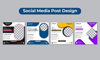Modern social media post template design:  four vibrant color options, customizable layouts, and professional branding elements.