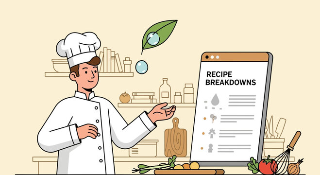 Chef presenting recipe breakdowns on a digital device in a kitchen setting illustration
