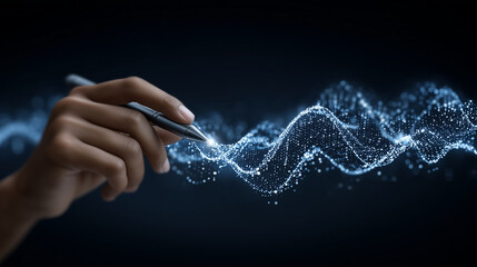 hand holding digital pen interacting with artificial intelligence interface, futuristic AI data visualization, tech dashboard background, glowing neural network and big data wave a