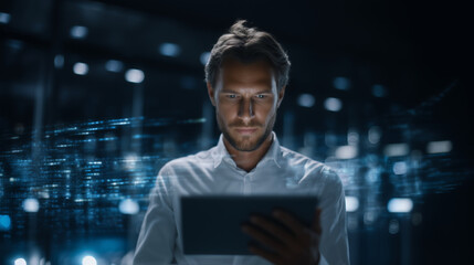 software engineer managing big data system with AI-powered digital tools, futuristic server room background, dynamic data flow lines and code overlay, advanced analytics concept AI