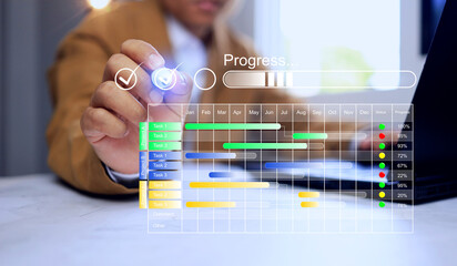 Project progression concept with a manager tick on check mark to approve next step working on schedule gantt chart