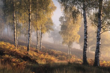 Autumnal mist-shrouded birch forest on a hillside