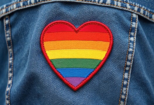 Rainbow heart embroidered patch showing support for lgbtq plus rights on denim jacket - Powered by Adobe