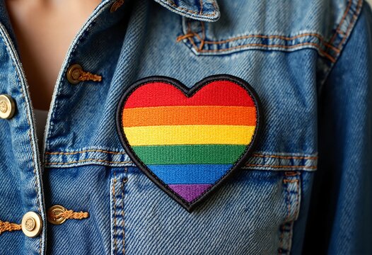 Rainbow heart embroidered patch showing support for lgbtq plus rights on denim jacket