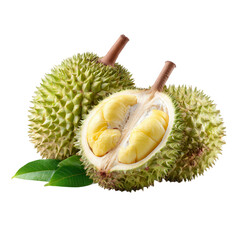 Obraz premium Two durians, one whole and one halved, with green spiky skin and yellow flesh, displayed with leaves