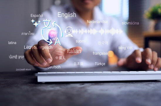 Translation concept a man using AI assistant to translate language application to text and voice foreign languages around the world on computer to contact global business