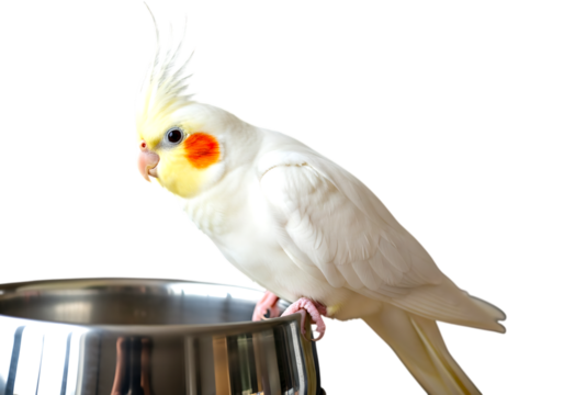 White cockatiel bird perched on a metal bowl isolated on transparent background