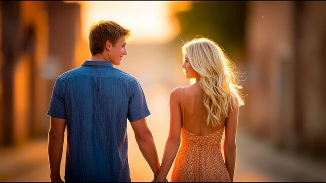 Young Couple Holding Hands in Old Town Alley, Back View, During Sunset with Warm Sunlight Creating Romantic Atmosphere
