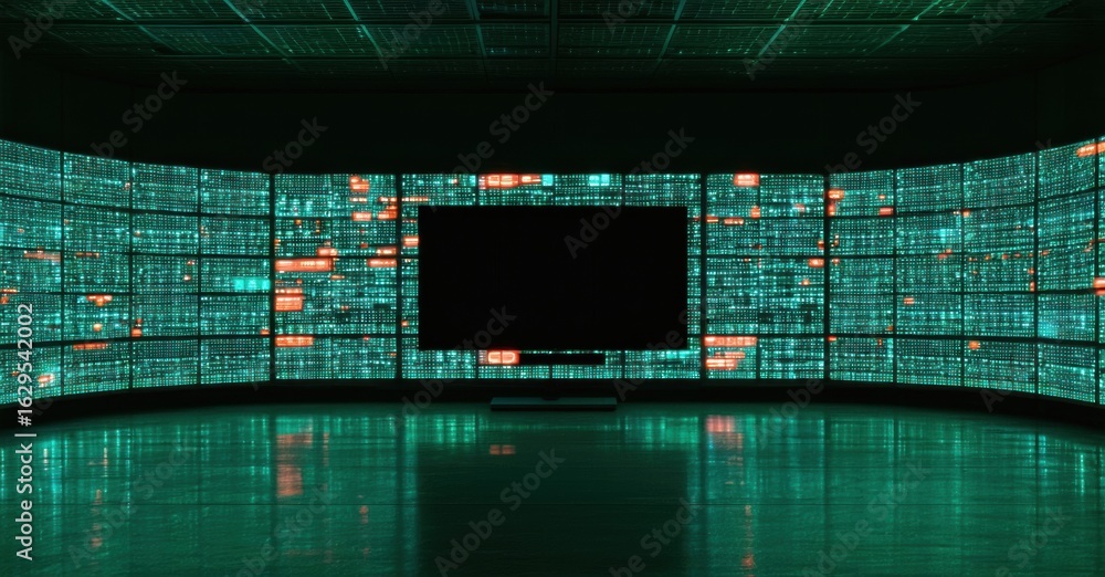 Poster futuristic control room. walls covered with glowing screens displaying data streams. central blank s
