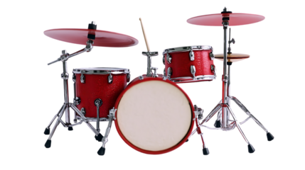A red drum set with cymbals and drumstick on a black background on transparent background