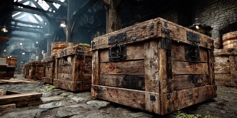 Old, rustic wooden crates are stacked in a dimly lit, abandoned warehouse. The weathered texture and moody lighting create an atmosphere of decay and nostalgia.