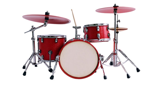 A red drum set with cymbals and drumstick on a black background on transparent background