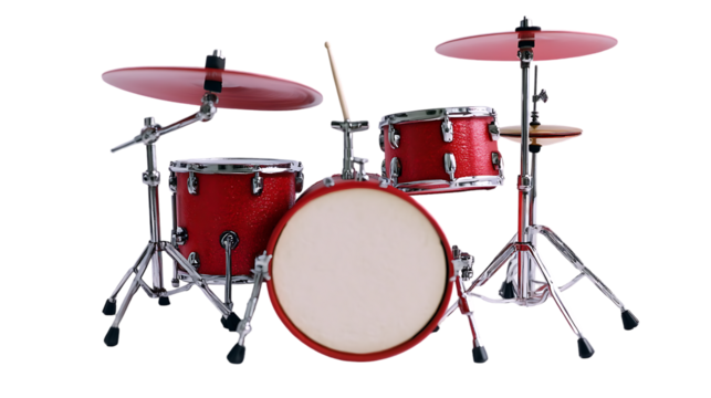 A red drum set with cymbals and drumstick on a black background on transparent background
