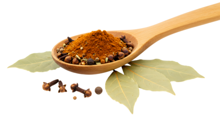 Ground allspice with whole berries and bay leaves on a wooden spoon isolated on white background, perfect for culinary and seasoning use