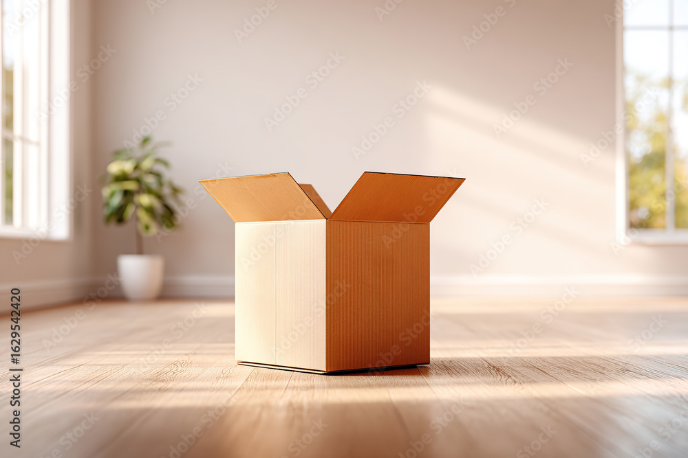 Poster empty room featuring a large open box with sunlight illuminating the space in the afternoon