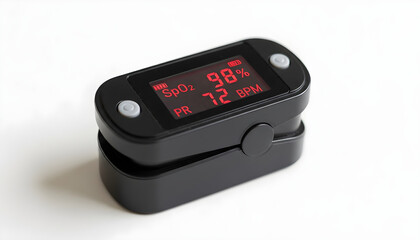 Portable fingertip pulse oximeter on white background for medical diagnostics and healthcare monitoring visuals