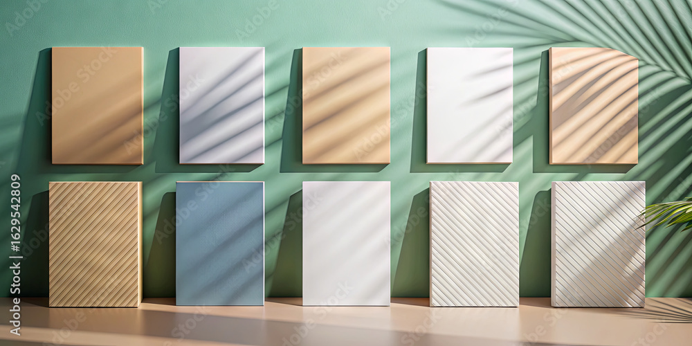 Aufkleber a collection of canvas boards in various colors and textures arranged neatly on a wooden table again