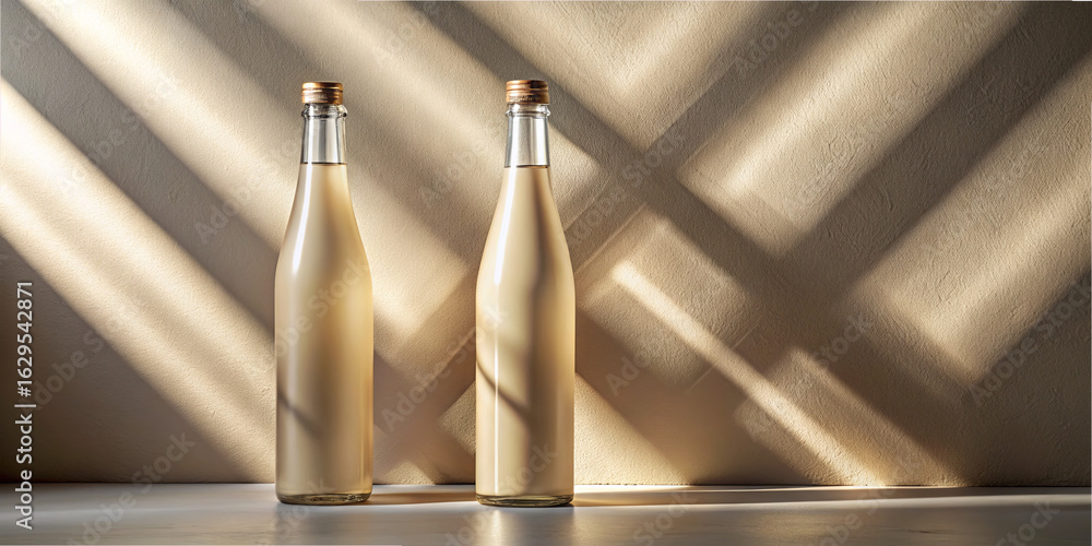 Poster bottles filled with a light-colored liquid rest on a clean surface. soft, diagonal light rays highli