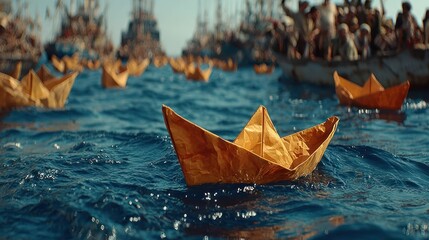 Fototapeta premium Paper boats adrift on a sea of people and fishing boats