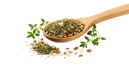 Wooden spoon with dried oregano and fresh green herbs isolated on white background, perfect for culinary and cooking projects