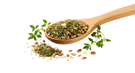 Wooden spoon with dried oregano and fresh green herbs isolated on white background, perfect for culinary and cooking projects