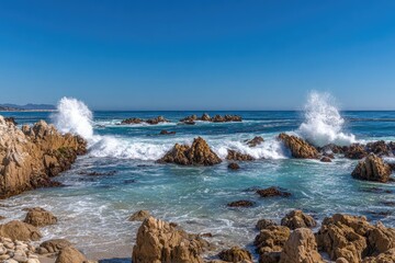 Coastal rocks, crashing waves, sunny day
