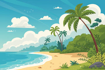 Obraz premium Summer Beach Backgrounds Vector – Tropical Seaside Landscape with Ocean Waves, Sand, Palm Trees, Sunset Sky, Vacation Theme Illustration for Travel, Holiday, and Nature Design Projects