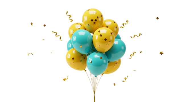 Yellow and teal balloons with black confetti dots and golden ribbon streamers, isolated on black background, perfect for celebrations and parties