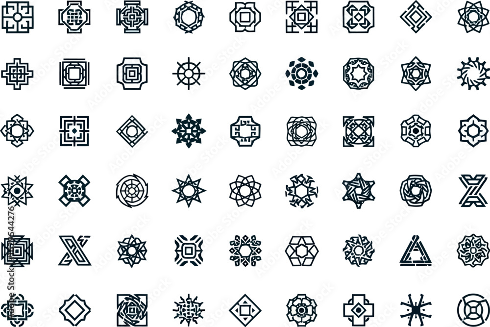 Poster vector art of set of geometric abstract line art symbols and icons with intricate patterns, isolated