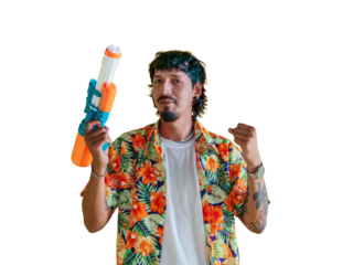 Young man wearing a colorful Hawaiian shirt holding a water gun against a yellow background, fun and vibrant atmosphere on transparent background